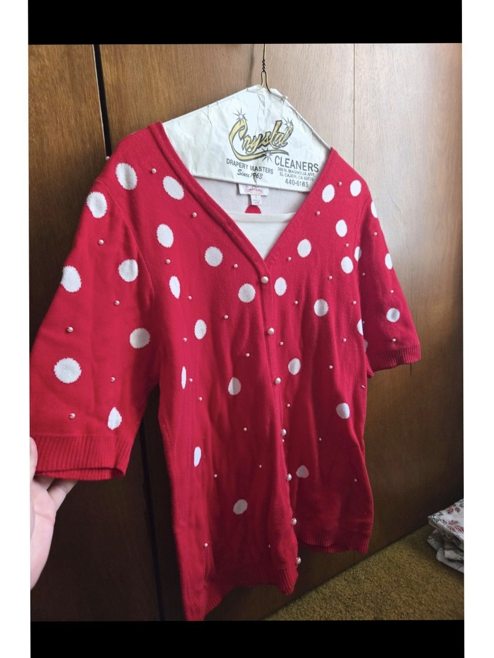 Quacker Factory Red Polka Dot V-Neck Sweater with Pearl Studs